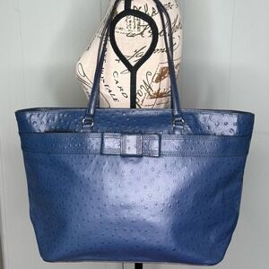 Kate Spade Ostrich Embossed Navy Leather Tote with Bow Detail